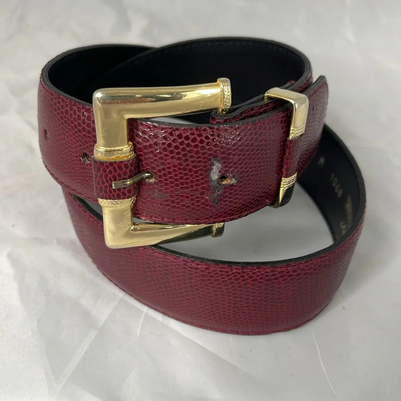 VINTAGE 90’s Simon Chang Reptile Embossed Belt Burgundy Gold Buckle Leather M - Picture 10 of 10